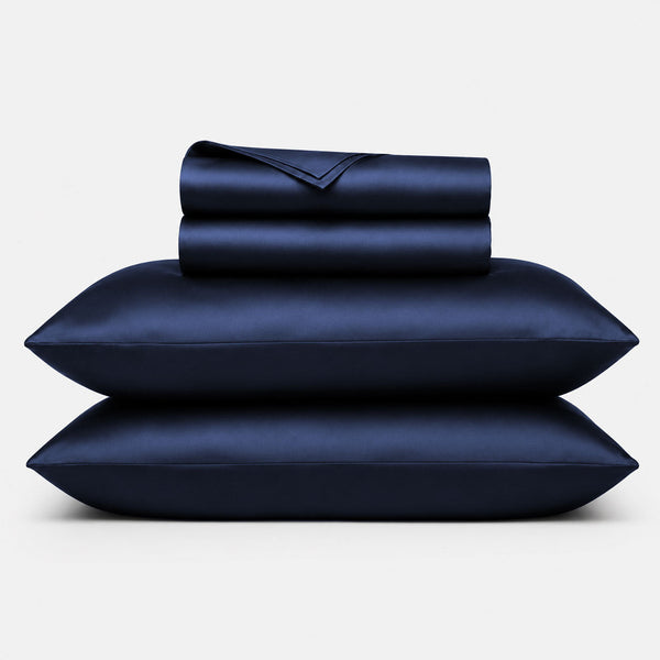Stack of navy 100% bamboo sheets